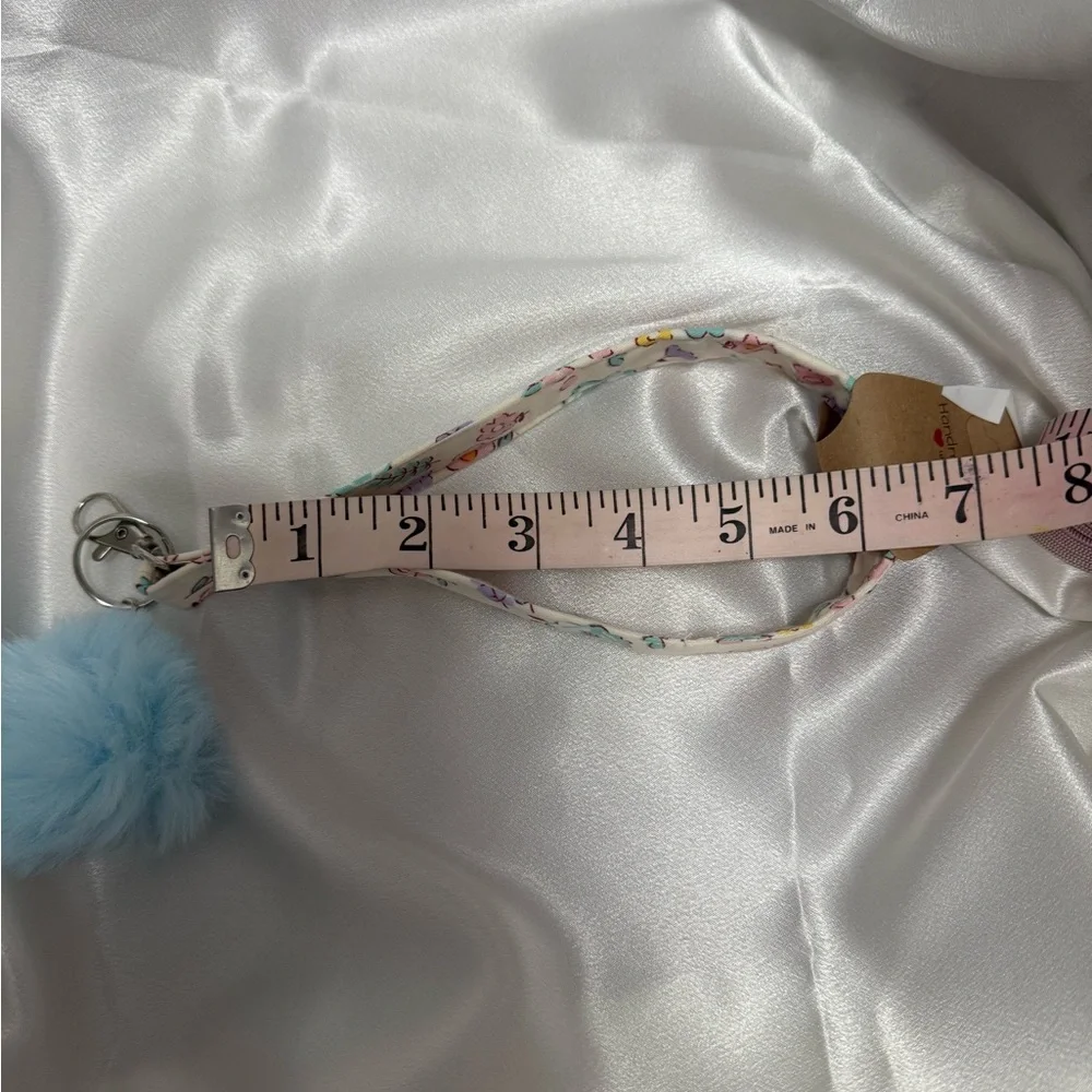 Handmade Blue and Pink Floral Wristlet Keychain with Light Blue Pompom